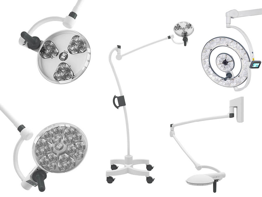 Range of medical examination, procedure, and surgical lights with various mounting options including ceiling-mounted, wall-mounted, and mobile units, showcasing different LED head designs and control features Range of medical examination, procedure, and surgical lights with various mounting options including ceiling-mounted, wall-mounted, and mobile units, showcasing different LED head designs and control features